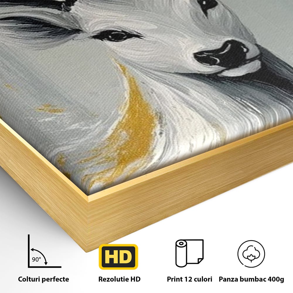 Detaliu al suprafetei: pictura cu portret de cerb si detalii aurii, in rama de aluminiu auriu